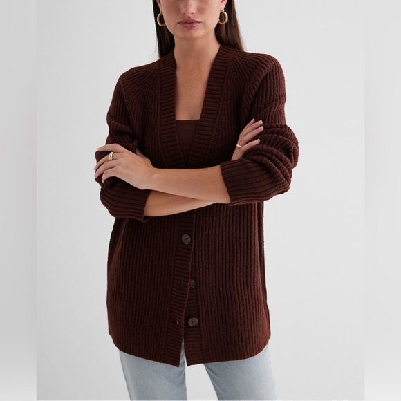 Express Ribbed Button Front London Cardigan S Rich Mocha - Picture 2 of 11